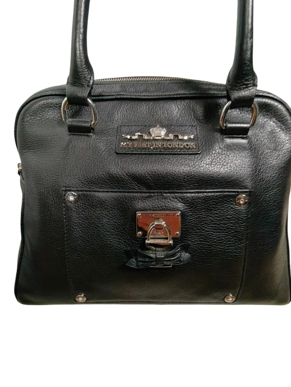 MY FLAT IN LONDON Black Pebbled Leather Dome Satchel Bag -Brighton